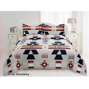 Geometric Print Bedding Set Queen & King Size Quilted Bedspreads Velvet - Silver